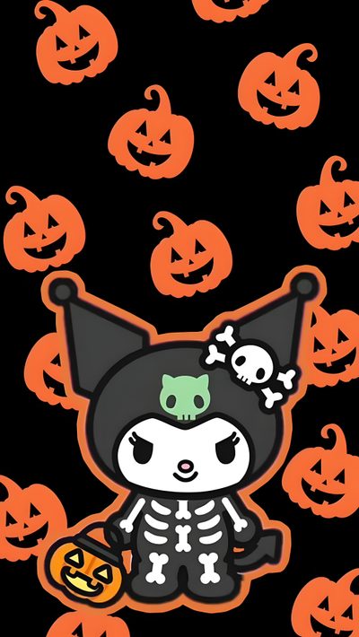 an image of a cat with pumpkins on it's head and skeleton in the background Kuromi Halloween Iphone Halloween Cute Kuromi Halloween, Cute Kuromi Halloween, Halloween Kuromi Aesthetic, black