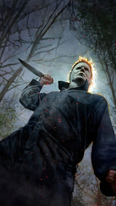 a painting of a man holding a knife in the woods with blood all over his face Halloween Resurrection Michael Myers Iphone 4k, Jason Voorhees Animated, Michael Myers Scary, dark slate gray