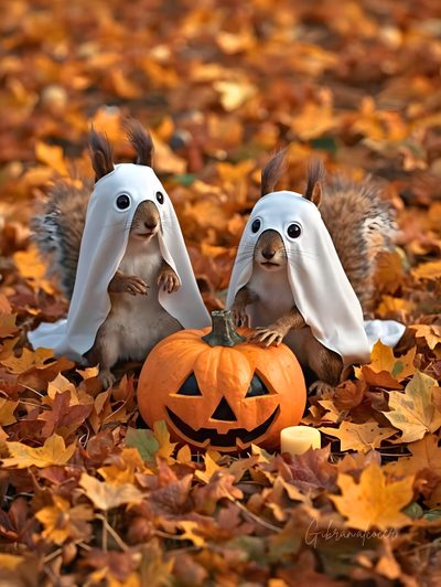 two squirrels dressed up as rabbits with jack - o'- lantern pumpkins Squirrel Halloween Happy Birthday Squirrel, Funny Animals With Captions, Funny Squirrel Pictures, sienna