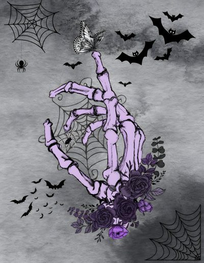a drawing of a hand reaching for a spider with purple flowers and bats in the background Halloween Skeleton Hand Purple News Design, Design, gray