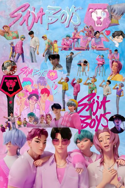 an image of some people with pink hair and blue eyes in front of a poster Saja Boys Halloween 4 Town, Saja Boys Kpop Demon Hunter, Saja Boys Kpop Demon Hunters, dark gray