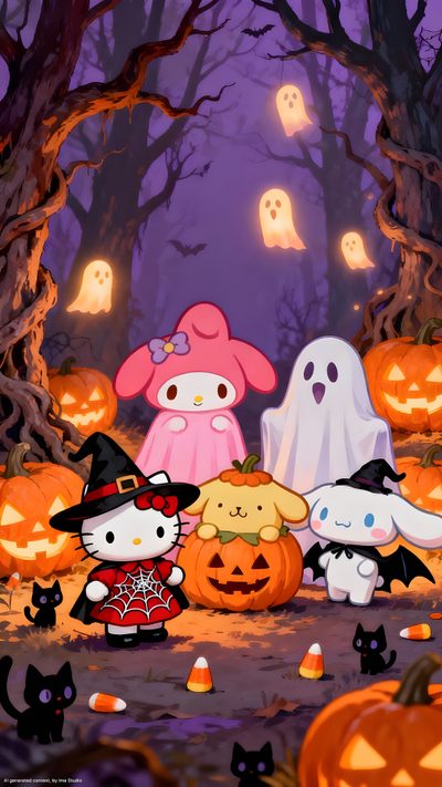 hello kitty halloween wallpaper with pumpkins, ghost and cats in the woods at night Sanrio Halloween Halloween Kitty, Sanrio Halloween Iphone, Sanrio Halloween, dark olive green