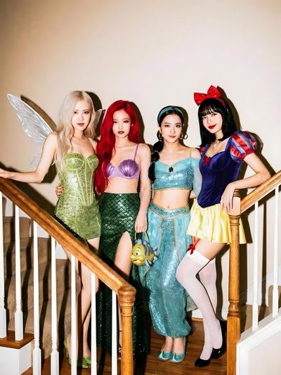 three women dressed in costumes standing on the stairs Halloween Blackpink Pink Heart Emoji, Blackpink Halloween Outfits, Blackpink Costumes For Kids, tan