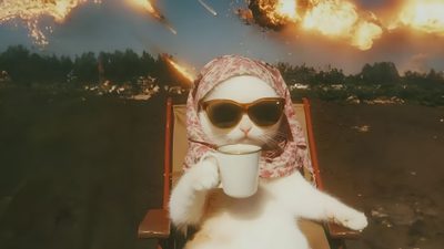 a white cat wearing sunglasses and a scarf drinking from a coffee cup while sitting in a lawn chair Funny Halloween Computer Backgrounds Aesthetic Desktop, Backgrounds Notebook, Funny Horizontal, dark olive green