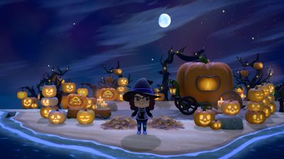 an animated halloween scene with pumpkins on the ground and a person standing in front of them Acnh Halloween Acnh Halloween Beach Ideas, Halloween Ideas Animal Crossing, Animal Crossing Halloween Ideas, dark slate gray