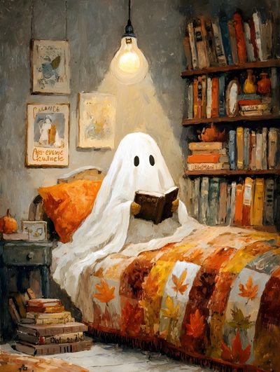 a painting of a ghost reading a book in a bed room with bookshelves Halloween Reading Ghost Themed Book Art, Cozy Spooky Aesthetic, Cozy Autumn Painting Ideas, sienna