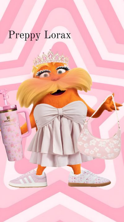 an image of a cartoon character holding a baby bottle and purse with the words preppy lorax on it Preppy Lorax Halloween Baddie Lorax, Preppy Lorax Picture, Preppy Lorax, The Lorax, Movie Characters, pink