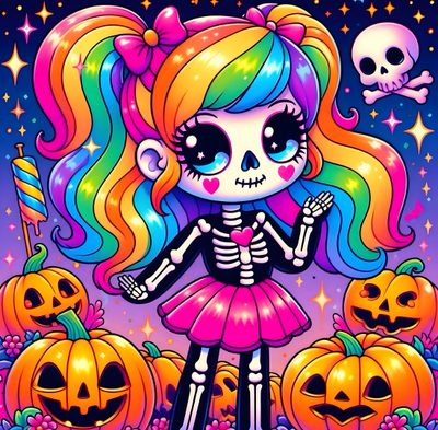 a girl with colorful hair and skull makeup standing in front of pumpkins on the ground Lisa Frank Halloween Lisa Frank Pokemon, Lisa Frank Pink, Lisa Frank Angel, Lisa Frank Aliens, indian red