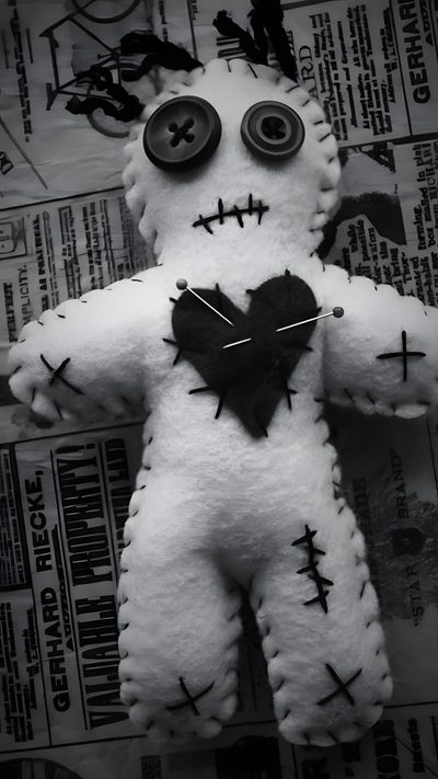a stuffed animal with buttons on it's face and eyes, sitting on top of newspaper Halloween Voodoo Doll Vudu Doll, Voodoo Doll Aesthetic, Voodoo Dolls Aesthetic, dark slate gray