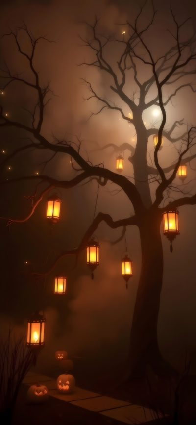 a tree with lanterns hanging from it's branches Halloween Tree Outdoor Halloween Parties, The Halloween Tree Gif, Floating Ghosts, Halloween Yard, black