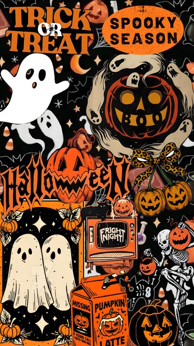 an image of halloween stickers on a black background with words trick or treat season Halloween Iphone Halloween Aesthetic Collage, Vintage Halloween Images, Trick Or Treat, saddle brown