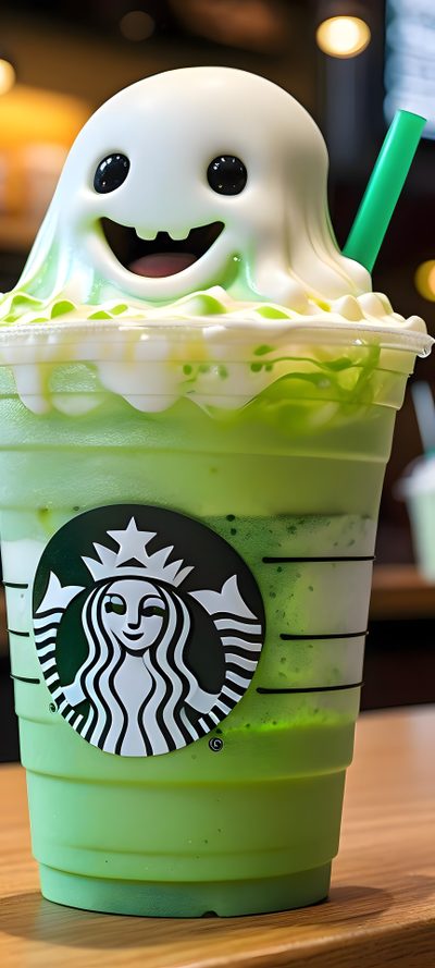 a green starbucks drink with a ghost face on it's side and a straw in the cup Halloween Starbucks Phone Images, Phone, olive drab