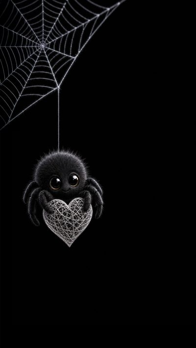 a spider hanging from a web with a heart on it's belly in front of a black background Spider Halloween Animal Background, Spooky Summer, Goth Phone, Cute Spooky, Halloween Phone, black