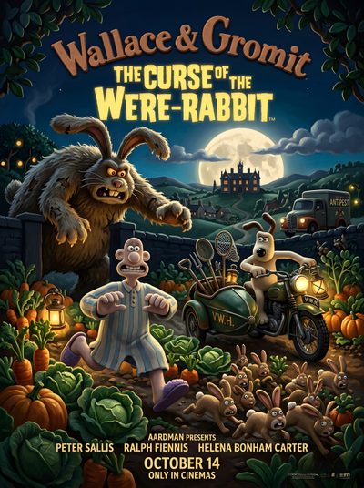 wallace and gromit the curse of the were - rabbit movie poster with characters Wallace And Gromit Halloween Background Peter Sallis, Clay Mation, Helena Bonham, dark slate gray