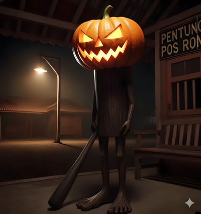 a pumpkin sitting on top of a wooden pole in front of a building at night 67 Halloween Brainrot Halloween, Halloween, black
