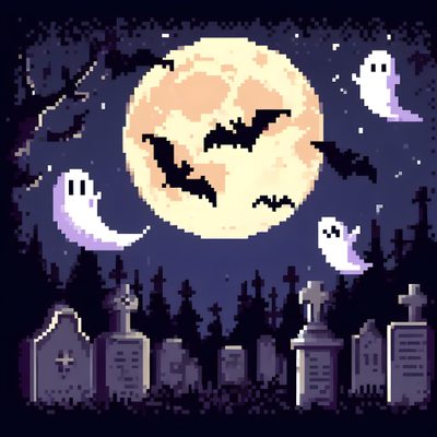 a pixel art halloween scene with bats and tombstones in front of the full moon Halloween Watch Diy Spooky Pixel Art Projects, Halloween Decoration Ideas, Nighttime Spooky Scene, dark slate gray
