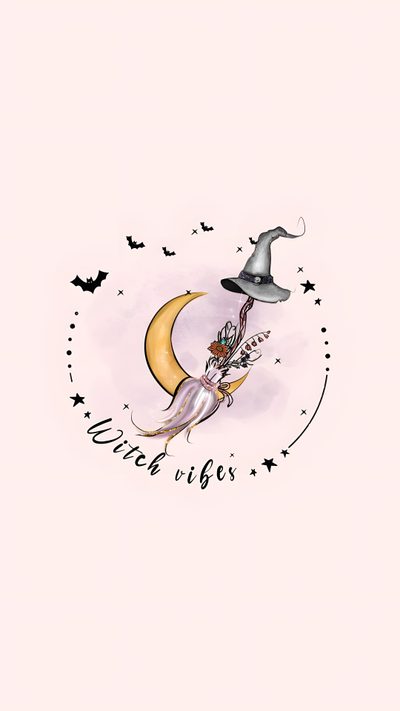 a drawing of a witch flying over the moon with her broom and hat on it's head Basic Witch Halloween Good Witch, Cute Witch, Good Witch Aesthetic, Aesthetic Cute Witch, lavender blush