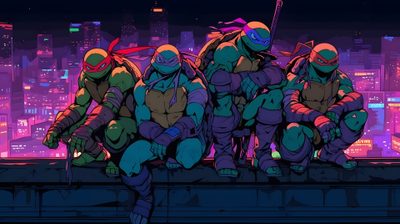teenage mutant ninjas are sitting on a ledge in front of a cityscape Tmnt Halloween Tmnt Computer, Teenage Mutant Ninja Turtles, Ninja Turtle Background, midnight blue