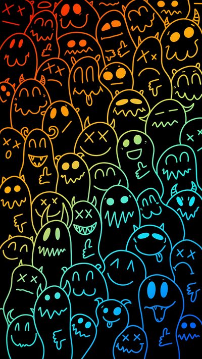 a group of neon colored ghost faces on a black background Neon Halloween Pattern Ghost Doodle, Ghost Doodle Pattern, Neon Ghost Drawing, Doodle Art Ghost, black