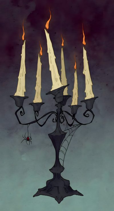 a drawing of a candelabra with five candles lit up in the dark Halloween Chandelier Gothic Candle Sketch, Halloween Illustration, Spooky Candle Drawing, dark slate gray