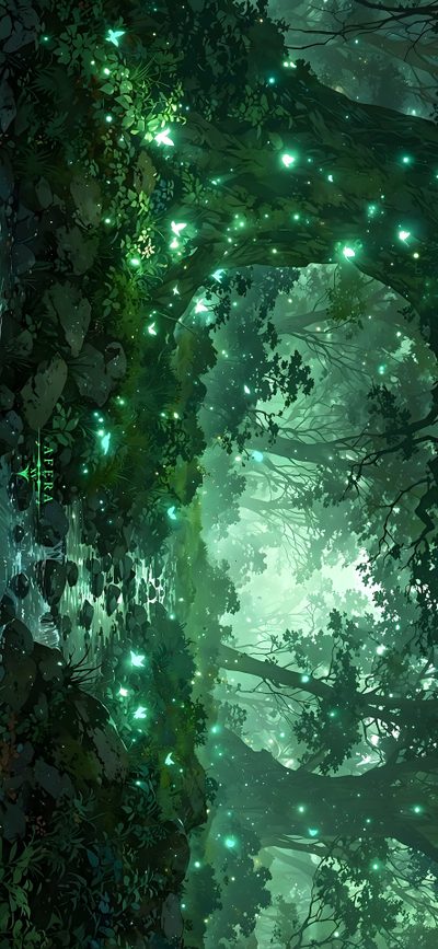 a forest filled with lots of green trees and fireflies flying over the top of it Green Halloween Desktop Green Nature, Hd Landscape, Green Scenery, Dark Green, dark slate gray