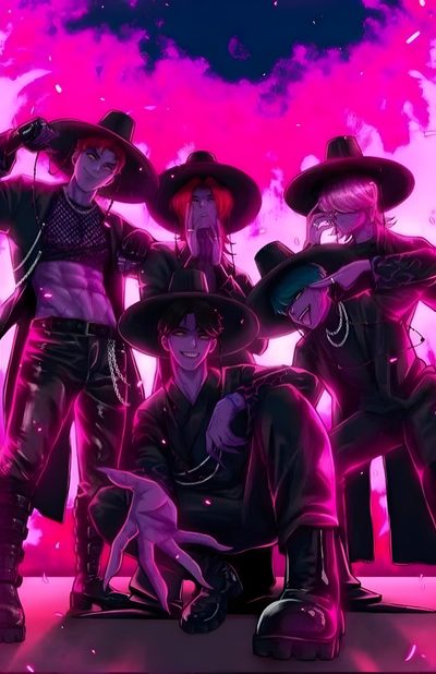 an image of some people with hats on Halloween Kpop Demon Hunters Kpop Demon Hunters Huntrix Drawing, Pixel Art Kpop Demon Hunters Saja Boys, Huntrix Boys Boys Kpop Demon Hunters Coloring Pages, indigo
