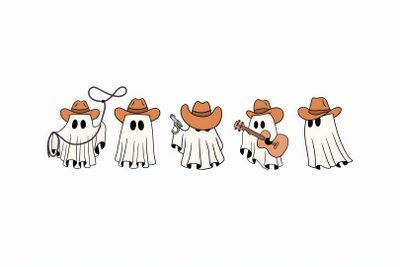 four cartoon ghostes wearing cowboy hats and holding guitars, one with a guitar in his hand Cowboy Halloween Western Halloween, Ghost With Cowboy Hat, Western Fall Designs, Western Ghost, white smoke