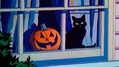 a black cat sitting on top of a window sill next to a jack o lantern Generic Halloween Cat Desktop Vintage Halloween Art, Under Your Spell, Season Of The Witch, dark slate blue