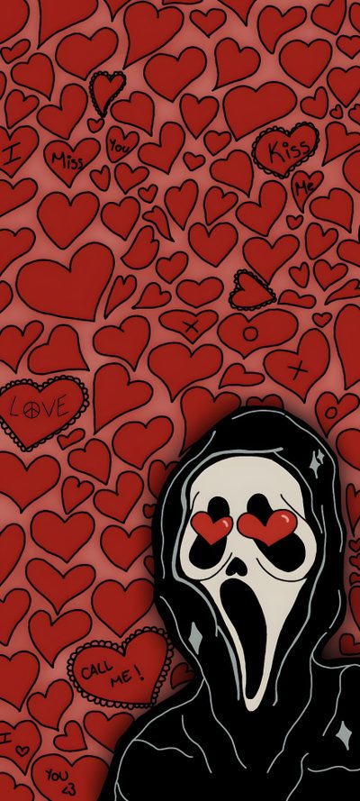 a person wearing a hoodie with hearts in the background Halloween Valentines Cute Ghost Face, Iphone Aesthetic Cute Ghostface, Cute Halloween Drawings, Skull, brown