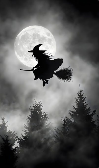 a black and white photo of a witch on her broom flying in front of the moon Halloween Witch For Bedroom Witch Riding A Broom, Broom Witch, Spooky Witch, dark slate gray