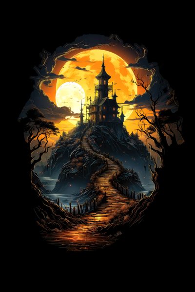 an image of a castle on top of a hill at night with the moon in the background Halloween Hill Spooky House On A Hill, Haunted House On A Hill, Haunted House Hill Drawing, black