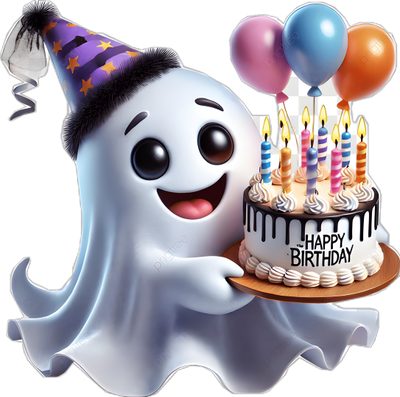 a ghost holding a birthday cake with candles on it and balloons in the air behind it Halloween Birthday Halloween Birthday Cake Images, Happy Birthday Halloween Image, Happy Birthday Boo Gif, light gray