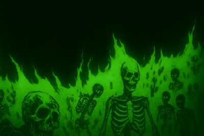 a group of skeletons standing in front of a green wall with fire coming from them Green Halloween Desktop Scary Green Background, Green Steam Backgrounds, Black And Green Pc,