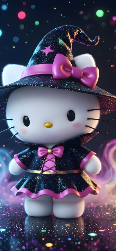 the hello kitty doll is dressed up as a witch with her hat and wands Halloween With Hello Kitty In A Hat Cute Hello Kitty Halloween, Halloween Hello Kitty, Pink Hello Kitty Halloween, dark slate gray