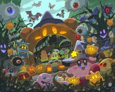 an image of a cartoon scene with many different things in the background and people standing around Kirby Halloween 4k Kirby Halloween Background, Kirby Halloween Background 4k, Kirby Halloween Theme, dark olive green