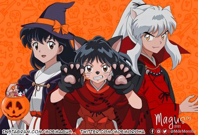three anime characters posing for the camera with their hands in front of them and one holding a pumpkin Inuyasha Halloween Inuyasha Witch, Inuyasha Halloween, Inuyasha Christmas, Inuyasha Christmas Pfp, sienna