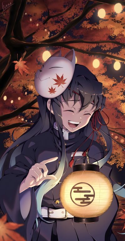 an anime character holding a lantern in front of a tree with lights on the branches Halloween Muichiro Halloween Muichiro, Muichiro Halloween, Muchiro, Cute Muichiro, dark slate gray