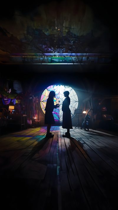 two people standing in front of a window with an umbrella projected on the wall behind them Wednesday Halloween Wednesday Addams Quotes, Adams Family, Halloween Iphone Backgrounds, black