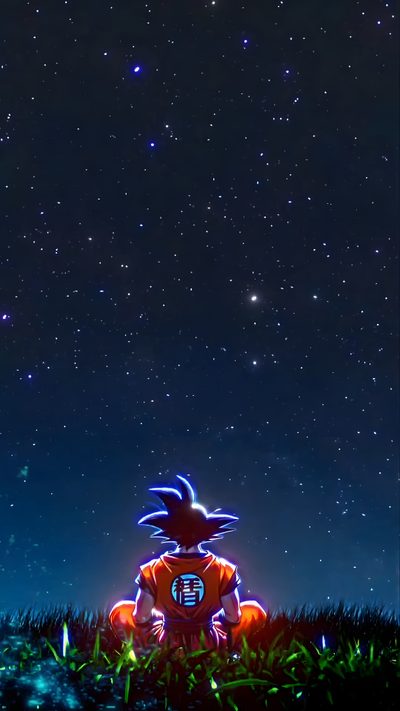 a cartoon character sitting in the grass under a night sky with stars and bright lights Halloween Goku Dragonballz, Anime Live Hd For Phone, Goku Live, Dragon Ball Z 4k, 4k Animated, black