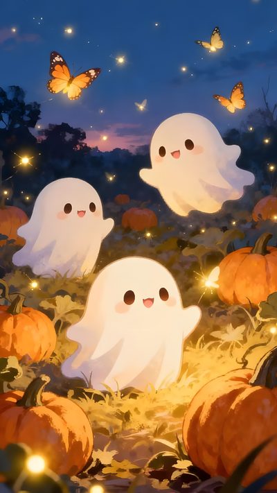 three little ghostes are in the grass surrounded by pumpkins with glowing lights on them Halloween Ghost For Nursery Cozy Spooky, Halloween Tumblr, Halloween Kawaii, Cute Halloween, sienna