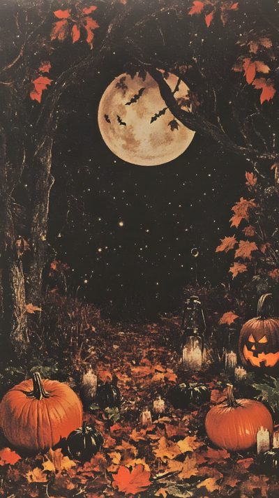 a painting of pumpkins in the woods at night Nostalgic Halloween Vintage Halloween Art, Castlevania, Halloween Iphone Backgrounds, dark slate gray