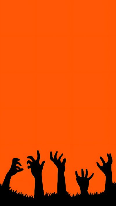 the silhouettes of zombie hands against an orange sky Halloween Attack Halloween Backgrounds Orange, Black And Orange Halloween, Orange Spooky Background, orange red