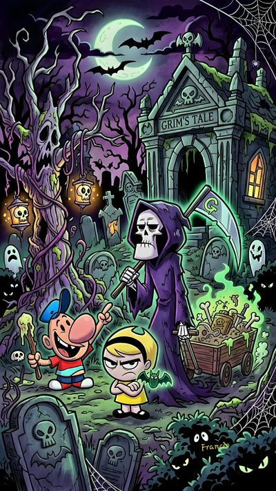 an image of cartoon characters in front of a graveyard Cartoon Network Halloween Tv Show Art, Billy Y Mandy, Grim Adventures, dark slate gray