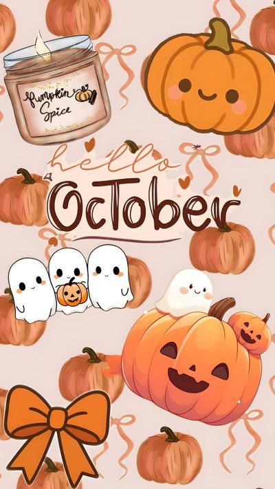 an image of a halloween themed background with pumpkins, ghost and other items on it October Preppy Halloween Halloween, Cute Halloween October, burlywood