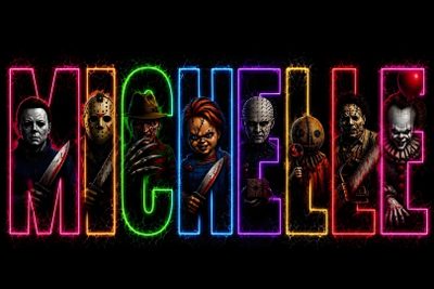 the word's name is spelled in neon colors with zombies on it and two clowns Halloween Name Brother Sister, black