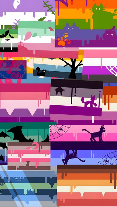 an abstract background with cats, bats and other things in different color variations on it Halloween Pride Flag Gender Identity, Pride Flags, Cool, Flag, Halloween, gray