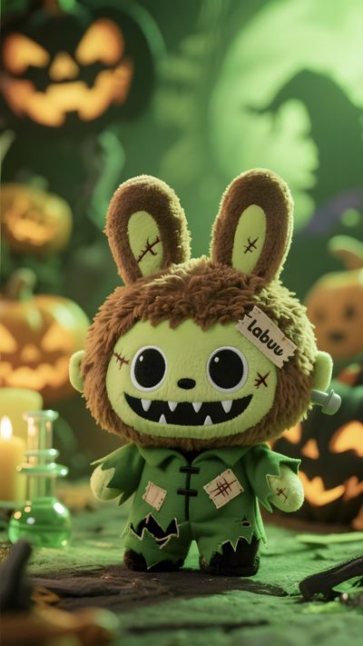 a stuffed animal is dressed up as a zombie with pumpkins and candles in the background Halloween Labubu Trendy Fashion Outfits, Halloween Gif, Projects To Try, Halloween, dark olive green