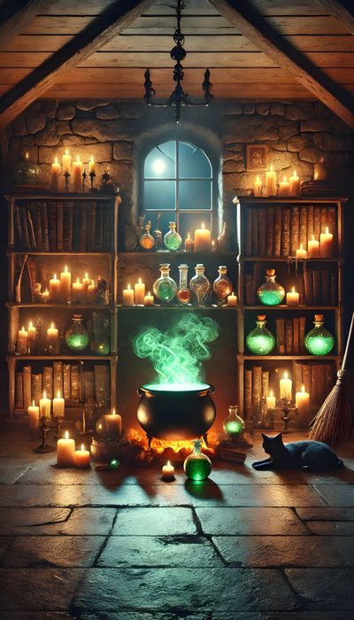 a witch's caulder with candles and other items in the background, surrounded by bookshelves Halloween Potion Halloween Potion Background Hd, Magical Halloween Background, Witches Lair Background, dark olive green