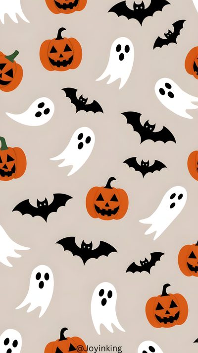 halloween pumpkins and ghost faces on a gray background with black bats, orange heads and green eyes Halloween Pumpkin Bat Ghost And Bat Pattern, Ghosts And Bats, Halloween Patterns, light gray