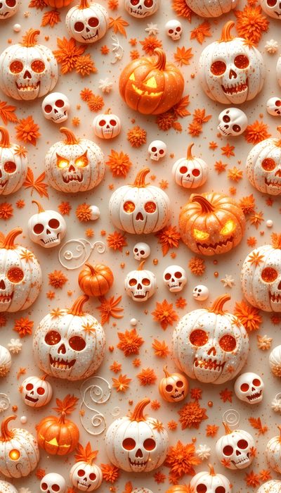 there are many skulls and pumpkins on the table Halloween Pumpkins Non Traditional For Phone Halloween, Halloween For Phones, Halloween Backgrounds For Phone, dark salmon